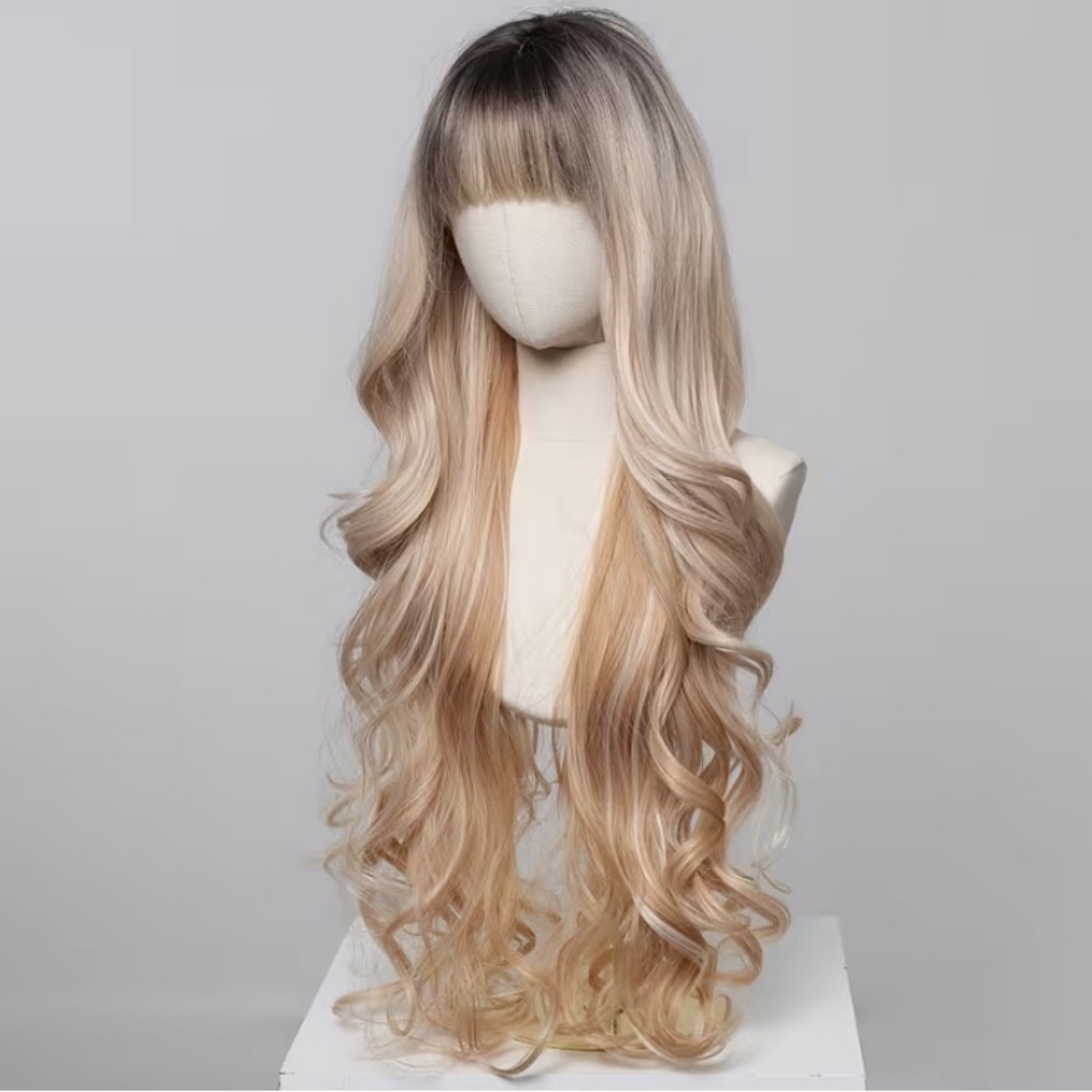 Long Wavy Blonde Ombre Wig with Bangs - Women Hair - Picture 2 of 4